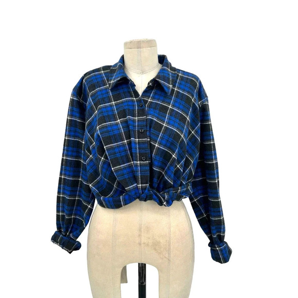 Zara‎ Blue Plaid Flannel Cropped Button Down Shirt Size XS - Picture 2 of 11